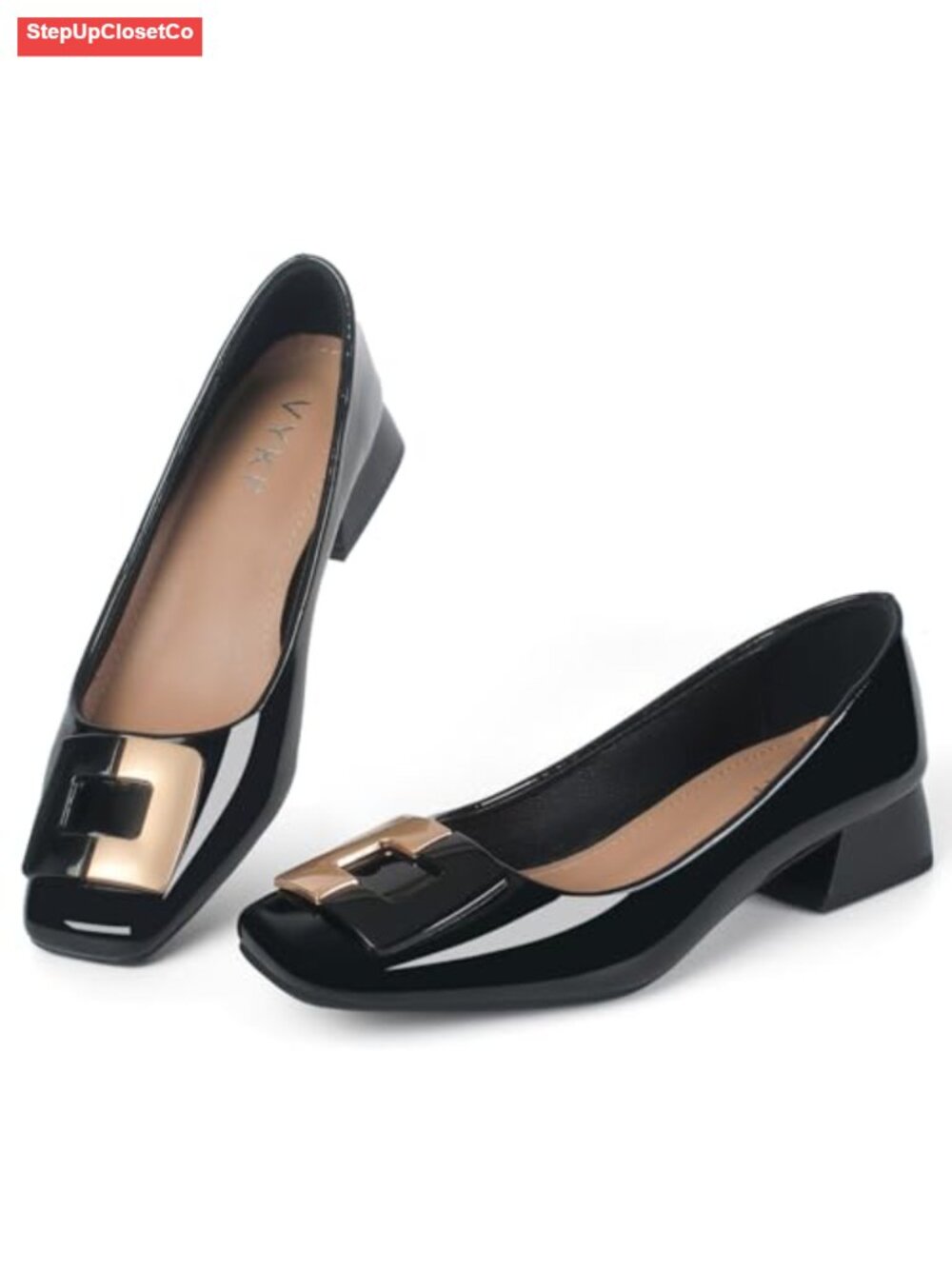 Women's low chunky block heel leather pumps square toe office shoes